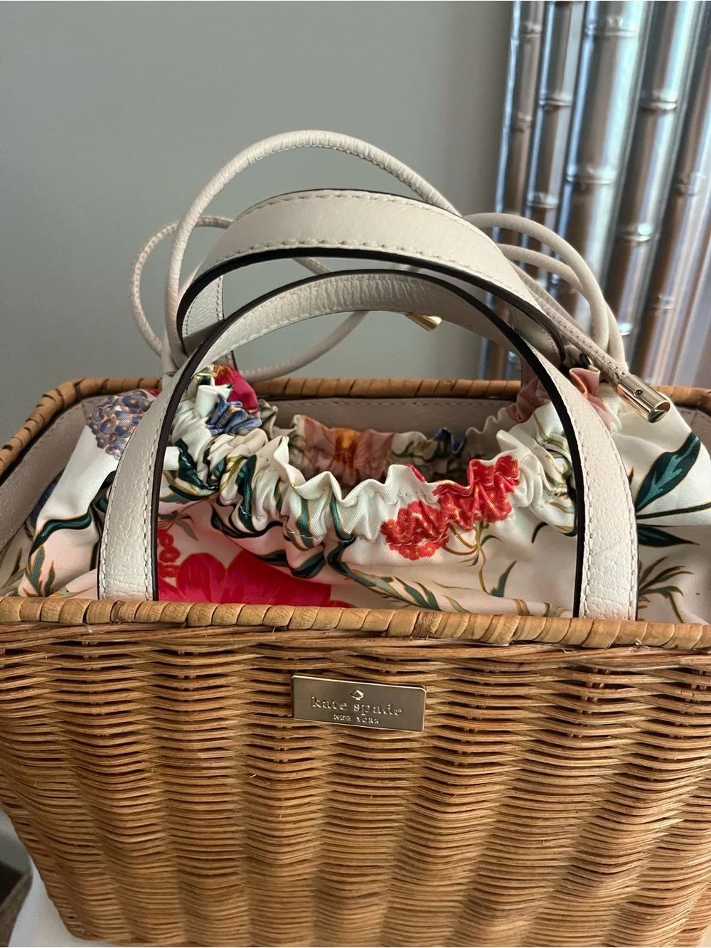 kate spade Natural Wicker Tote with White Trim with attached draw string bag!